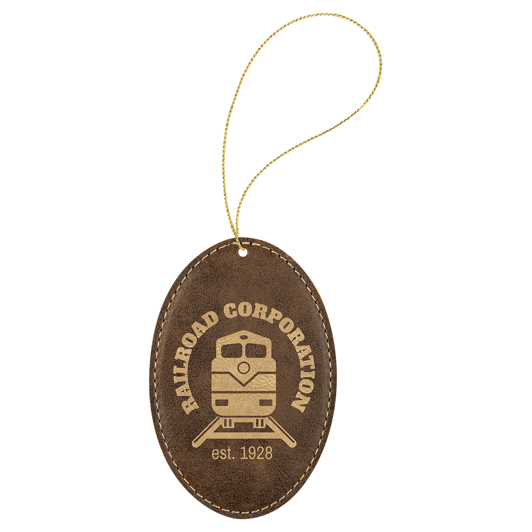 Rustic/Gold Laserable Leatherette Oval Ornament with String