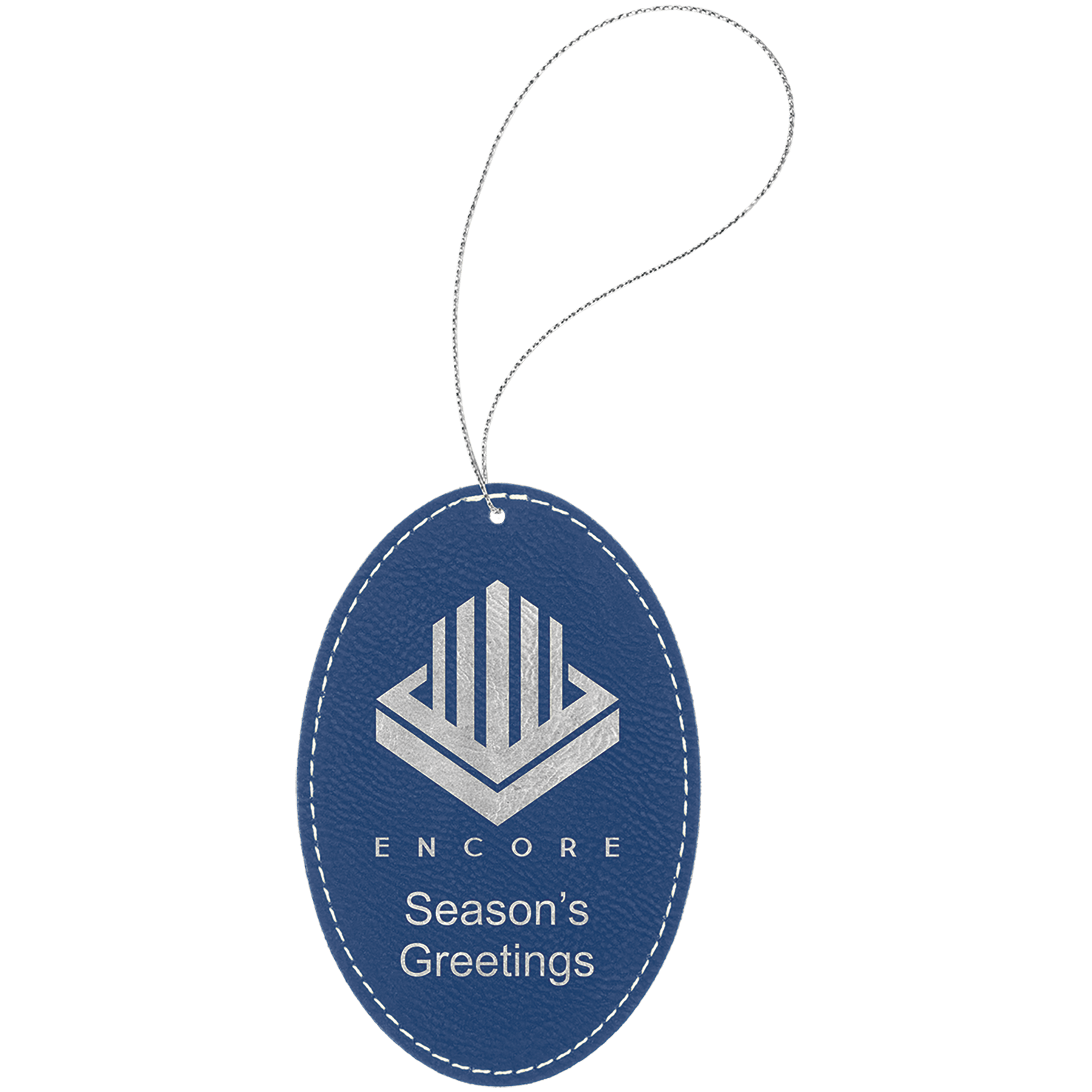 Blue/Silver Laserable Leatherette Oval Ornament with String