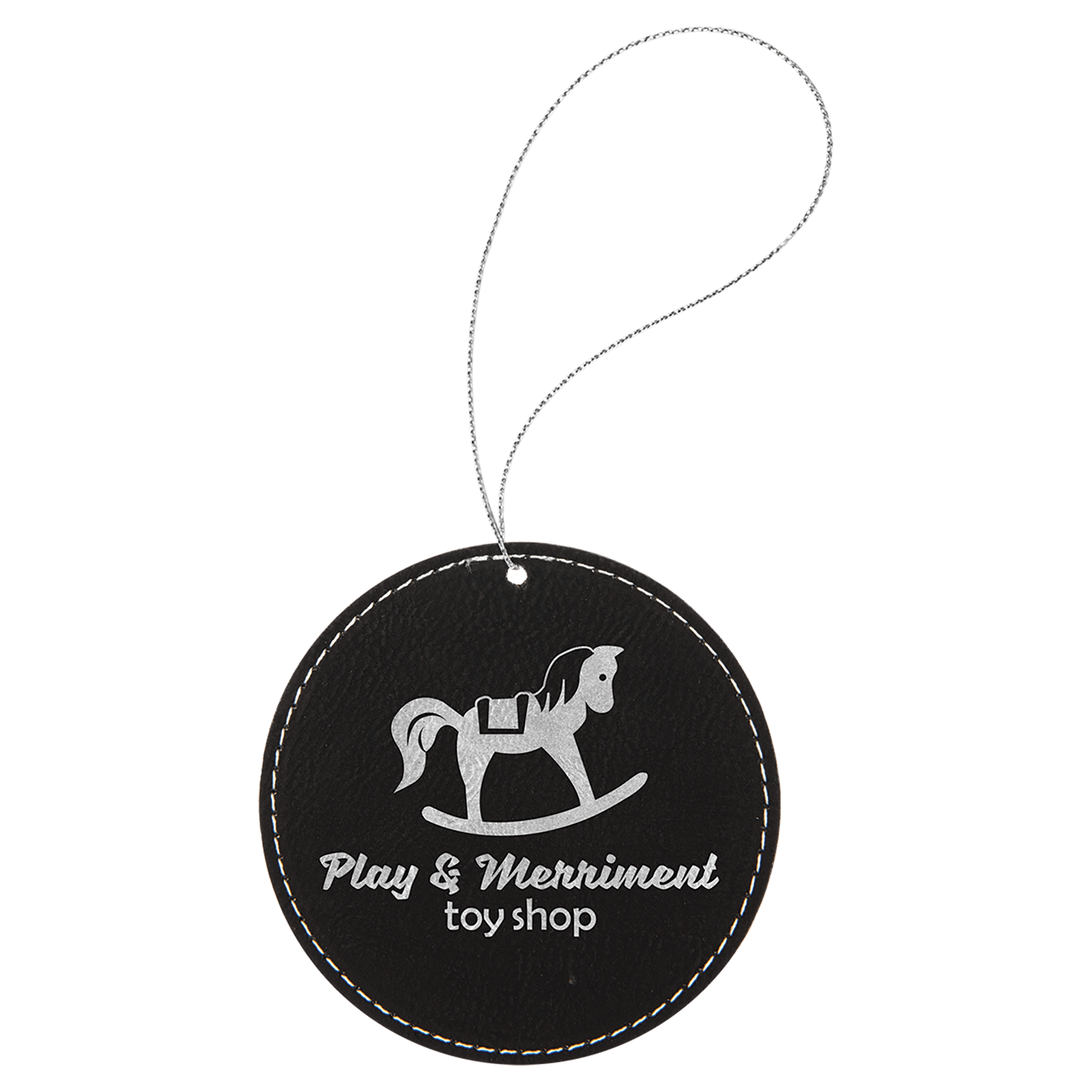 Black/Silver Laserable Leatherette Round Ornament with String