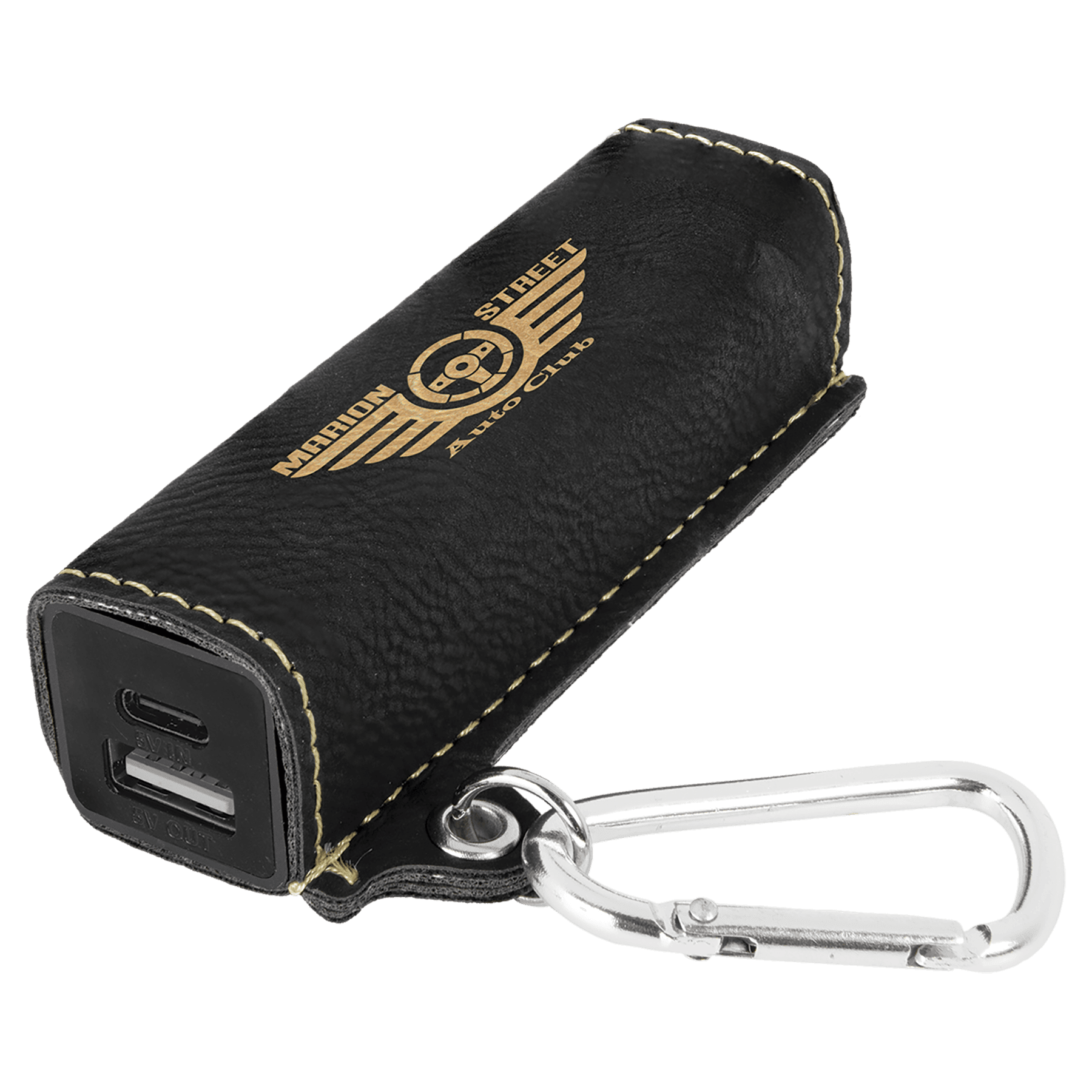 Black/Gold Laserable Leatherette 2200 mAh Power Bank with USB