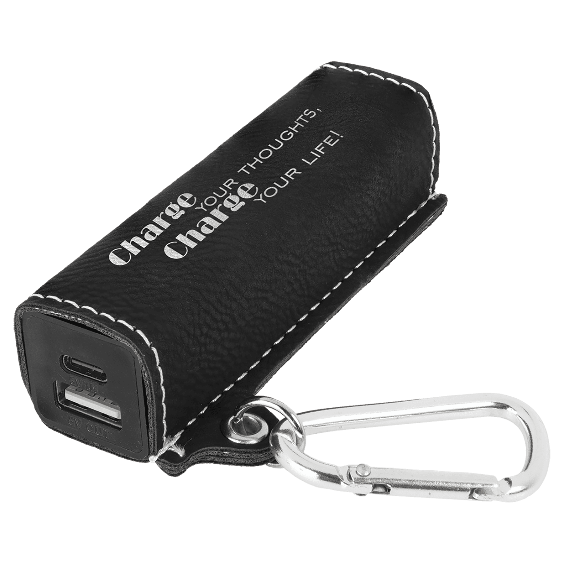 Black/Silver Laserable Leatherette 2200 mAh Power Bank with USB