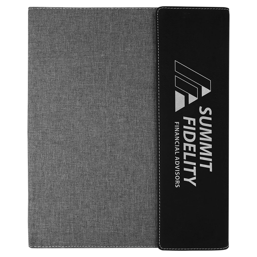 9 1/2"x12" Black/Silver Laserable Leatherette / Canvas Portfolio w/Notepad