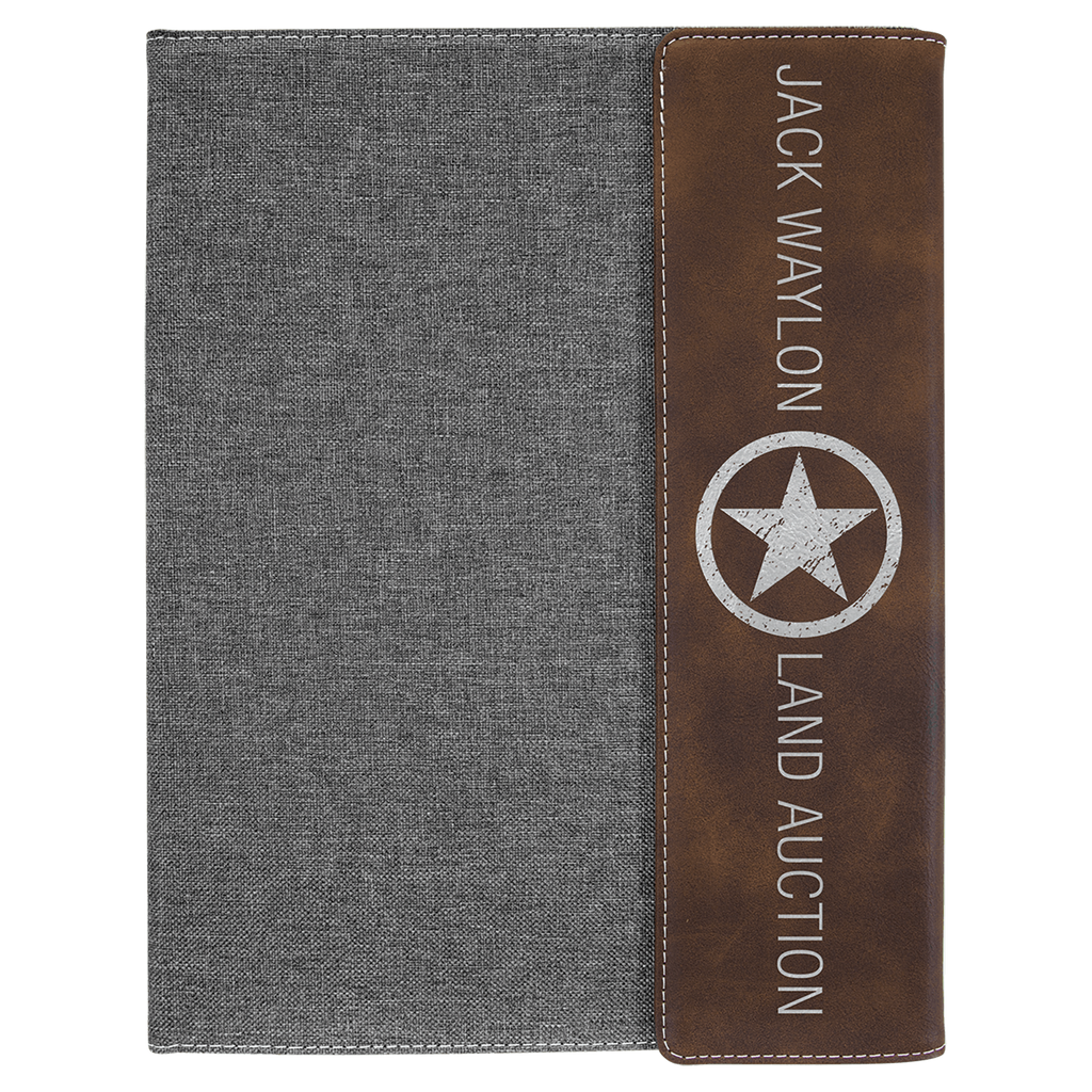 9 1/2"x12" Rustic/Silver Laserable Leatherette/Gray Canvas Portfolio w/Notepad