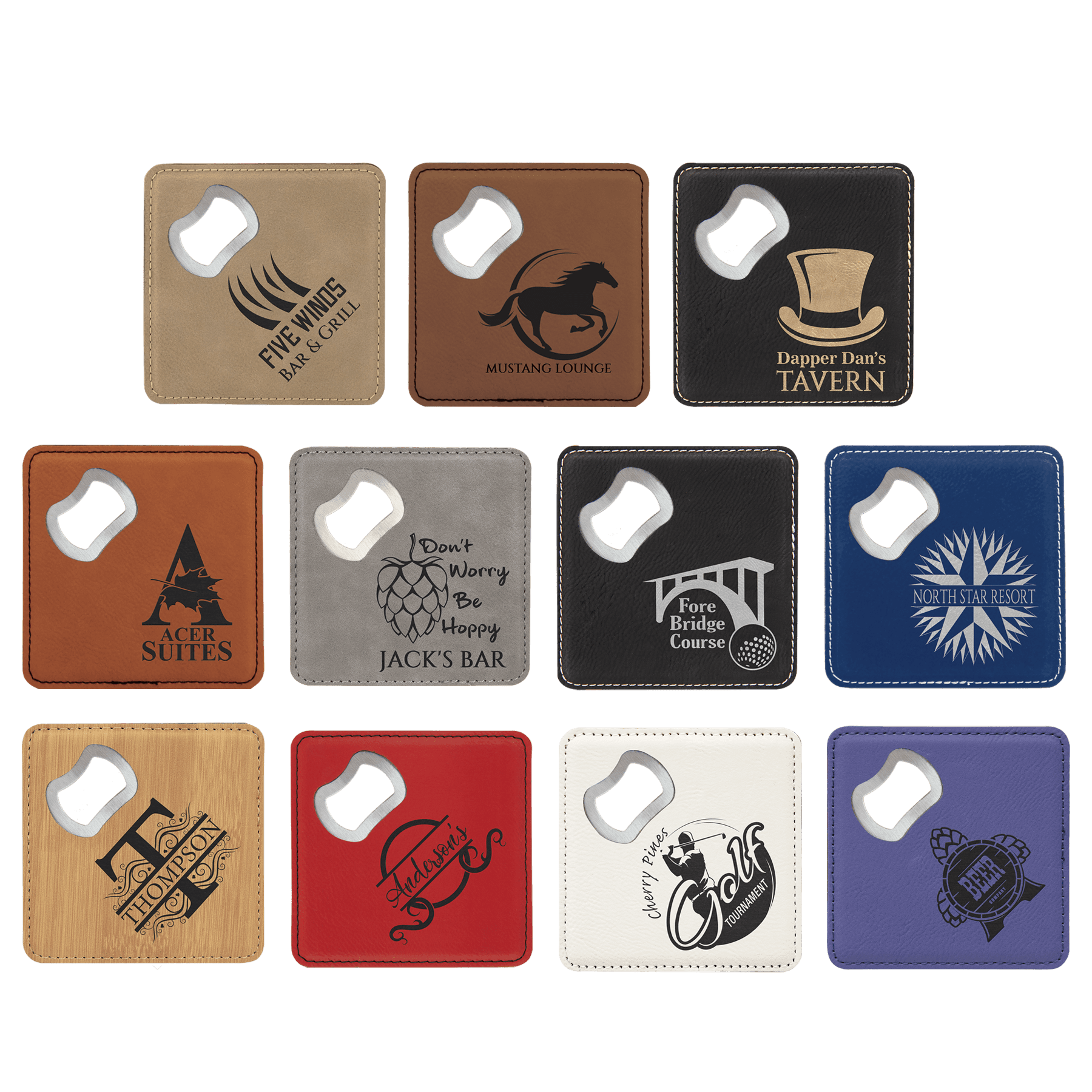 4" x 4" Laserable Leatherette Bottle Opener Coaster Sample Set