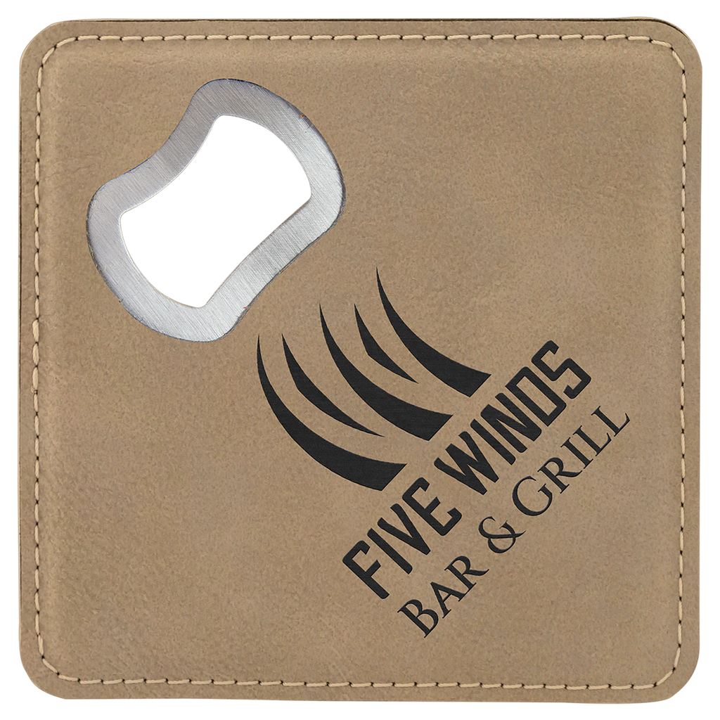 4" x 4" Square Light Laserable Leatherette Bottle Opener Coaster