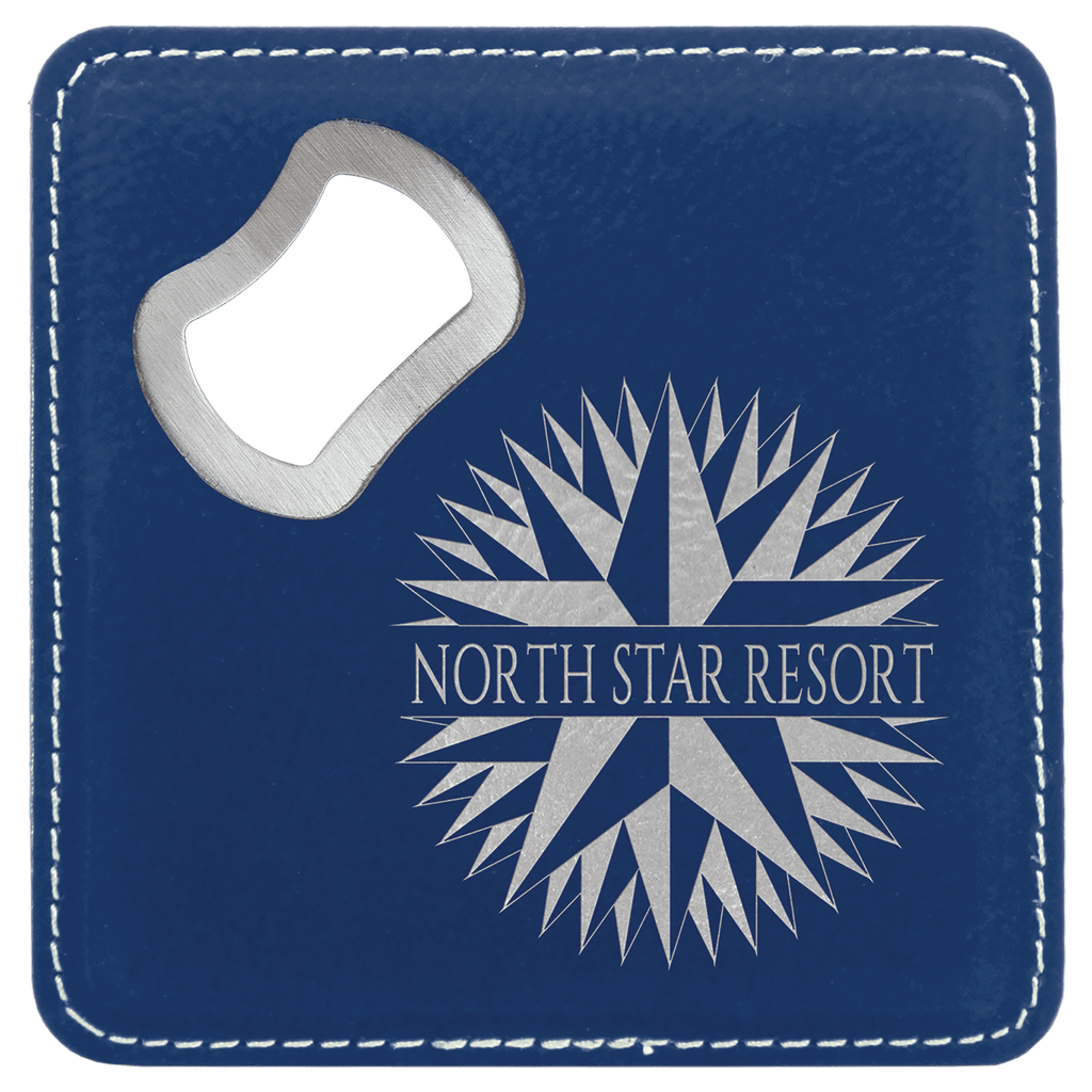 4" x 4" Square/Silver Laserable Leatherette Coaster with Bottle Opener