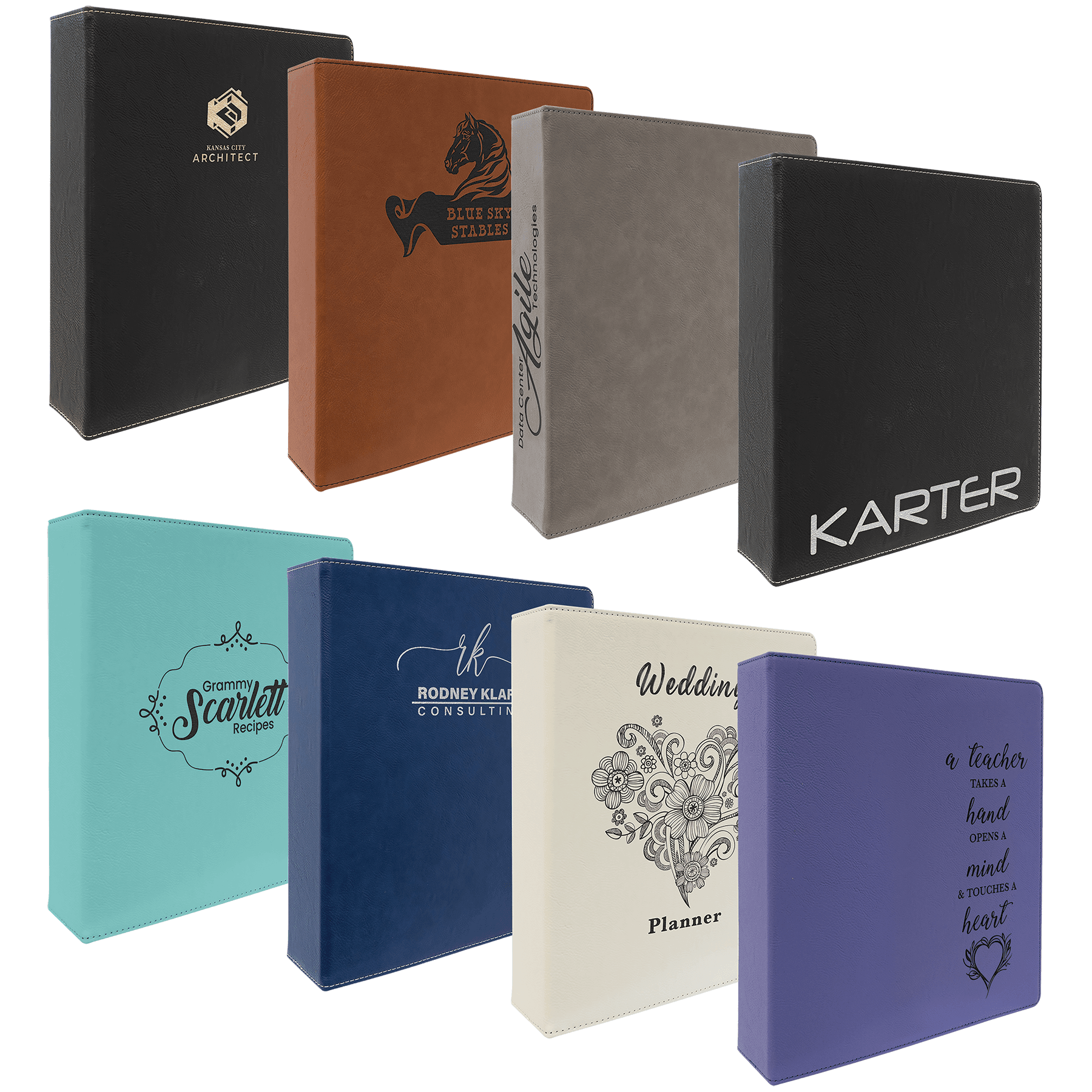 11" x 11 1/2" Laserable Leatherette 3 Ring Binder with 2" Slant D Rings    Sample Set