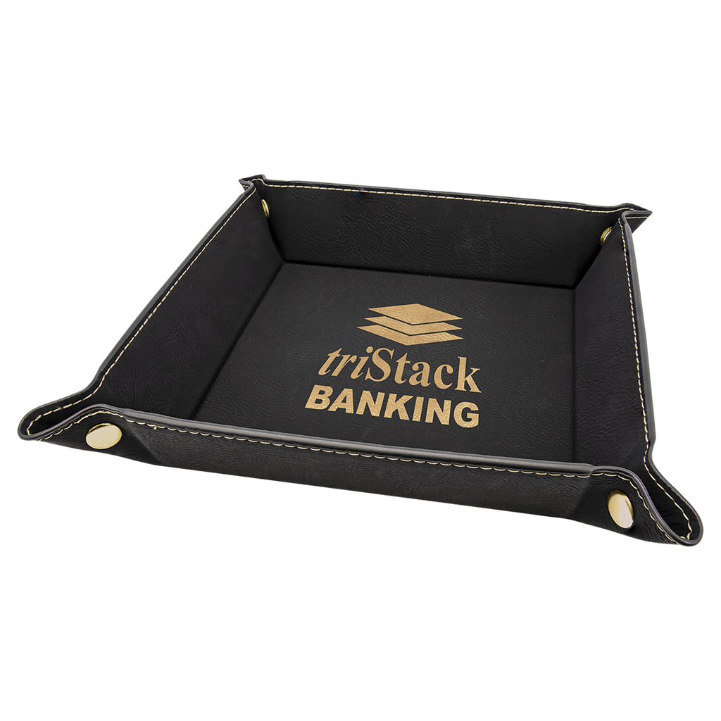 6" x 6" Black/Gold Laserable Leatherette Snap Up Tray with Snaps