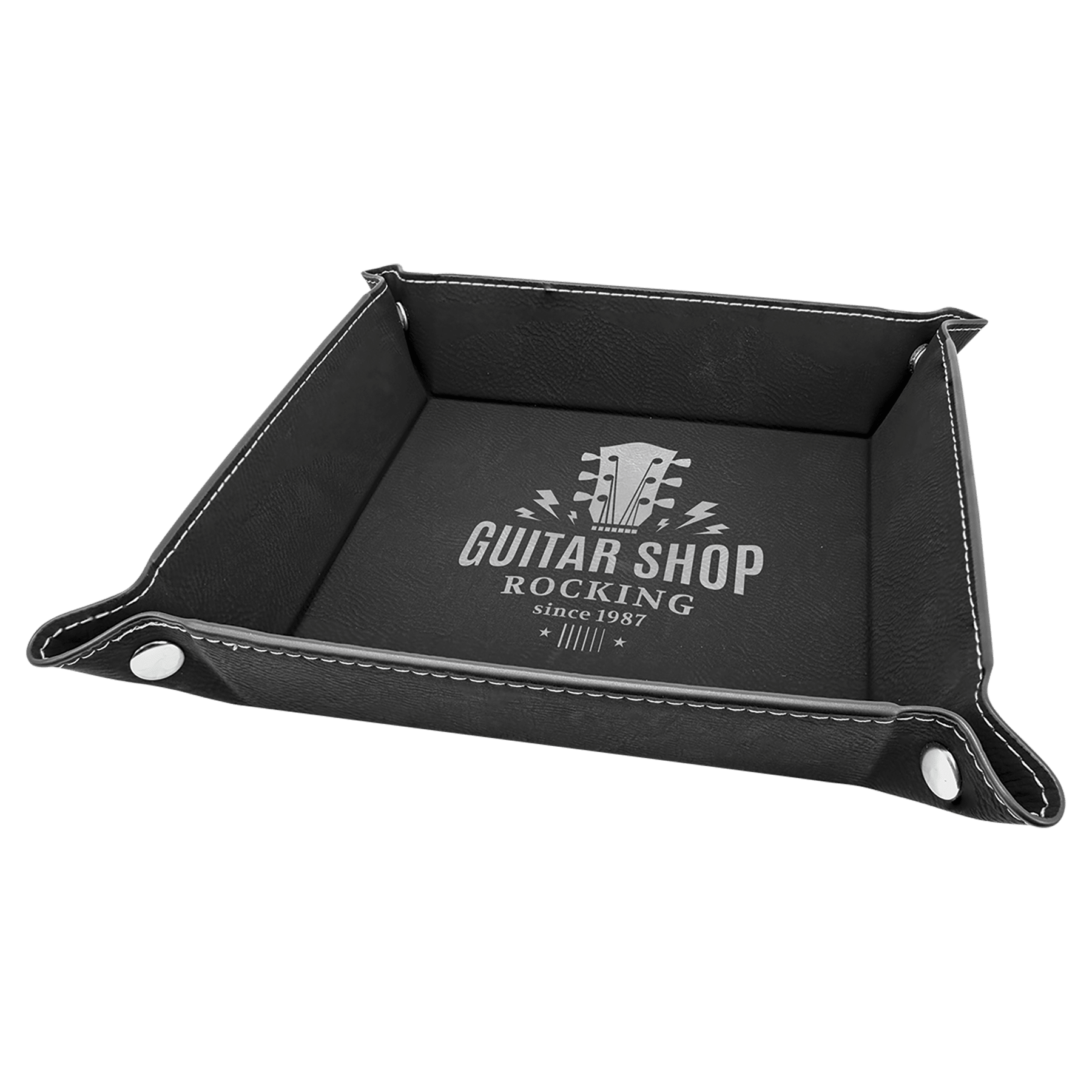 6" x 6" Black/Silver Laserable Leatherette Snap Up Tray with Snaps