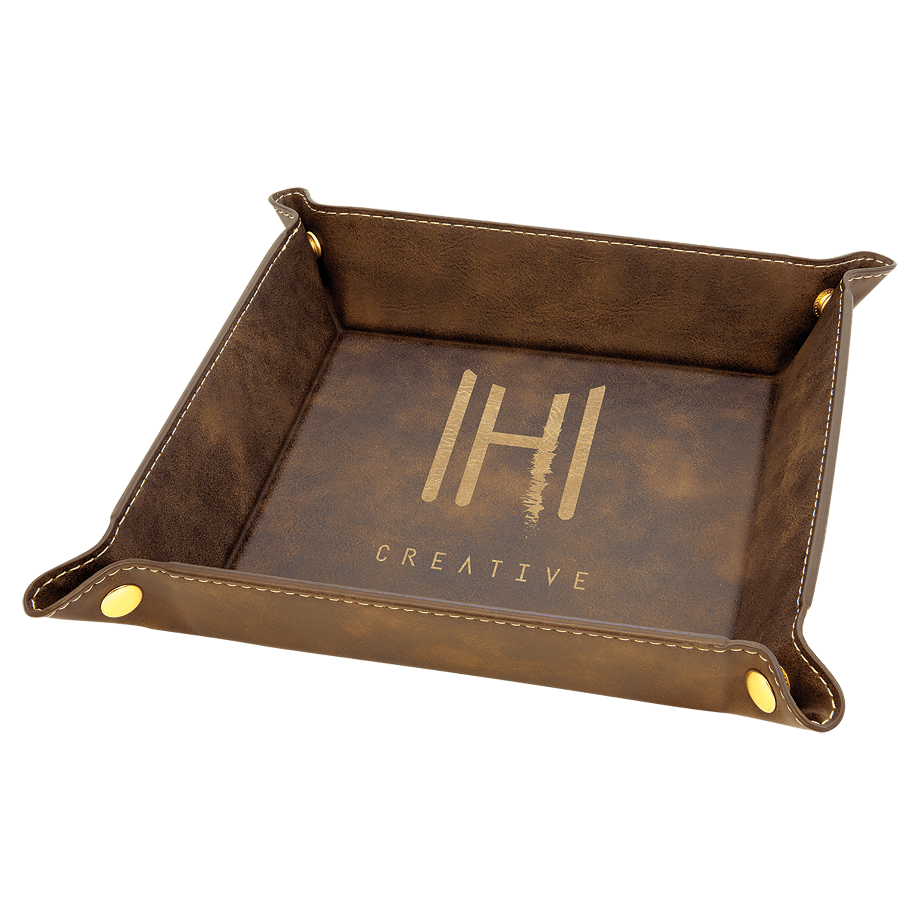 6" x 6" Rustic/Gold Laserable Leatherette Snap Up Tray with Snaps