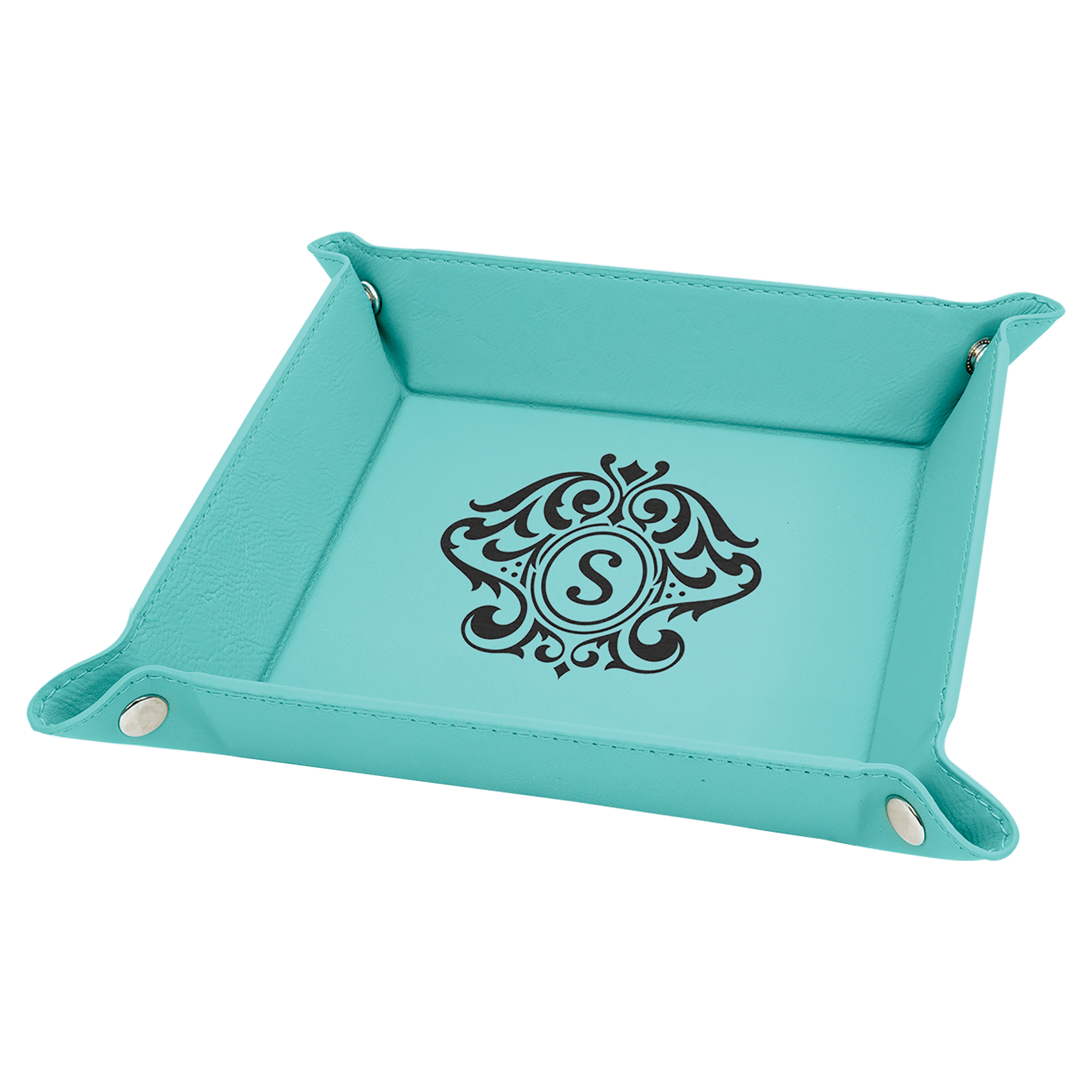 6" x 6" Teal Laserable Leatherette Snap Up Tray with Snaps