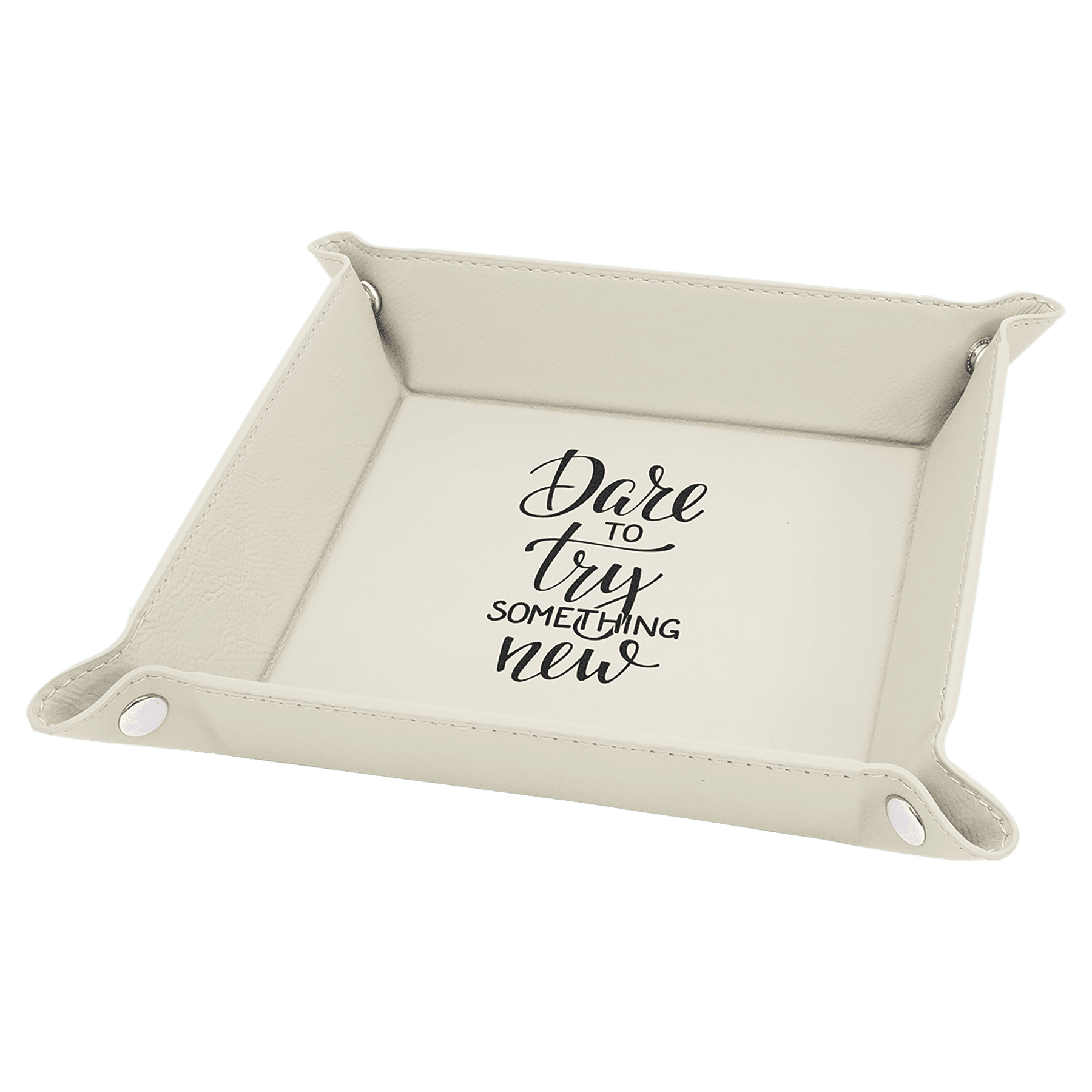 6" x 6" White Laserable Leatherette Snap Up Tray with Snaps