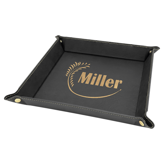 9" x 9" Black/Gold Laserable Leatherette Snap Up Tray with Snaps