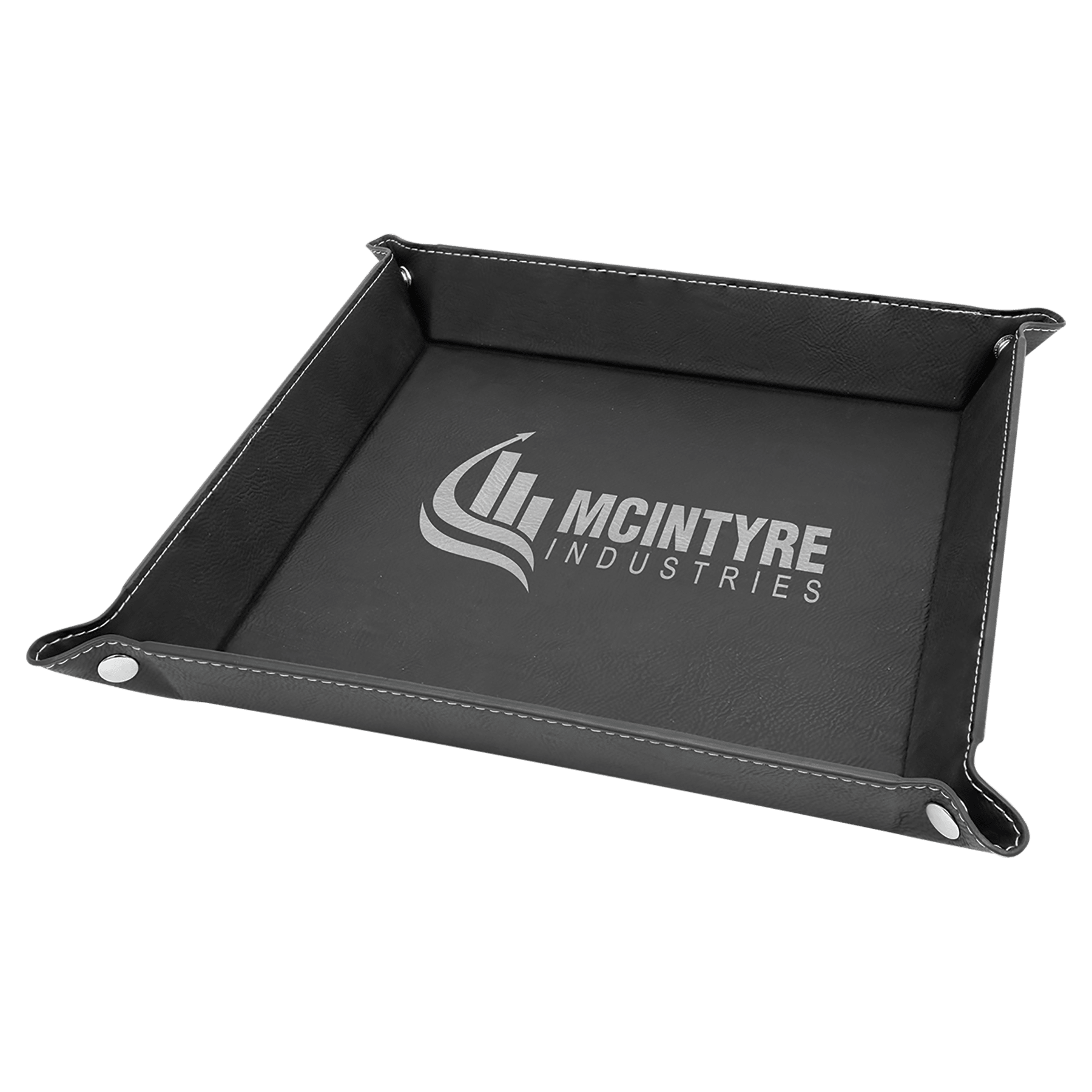 9" x 9" Black/Silver Laserable Leatherette Snap Up Tray with Snaps