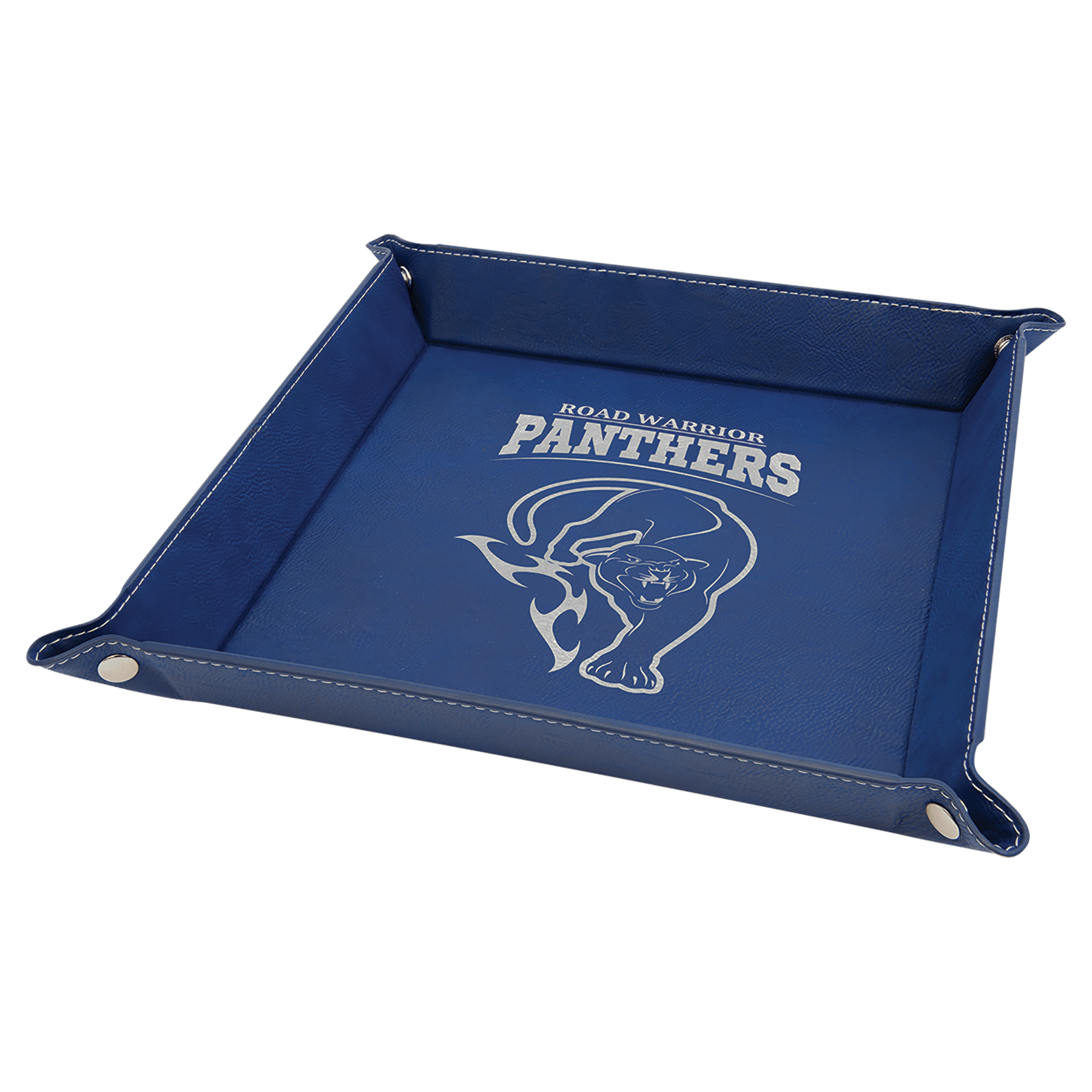 9" x 9" Blue/Silver Laserable Leatherette Snap Up Tray with Snaps