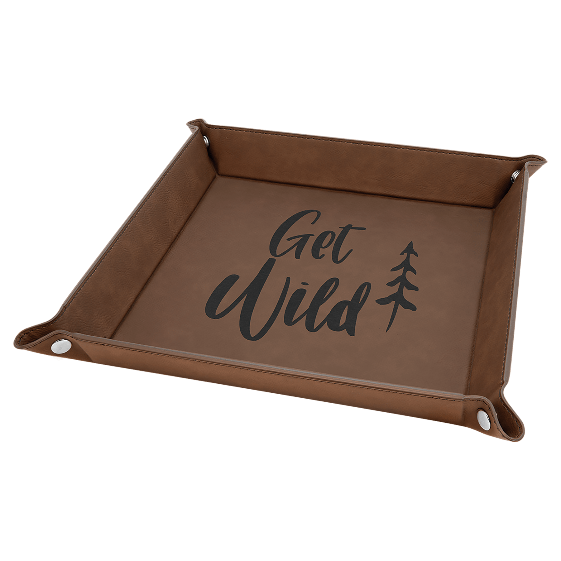 9" x 9" Dark Brown Laserable Leatherette Snap Up Tray with Snaps