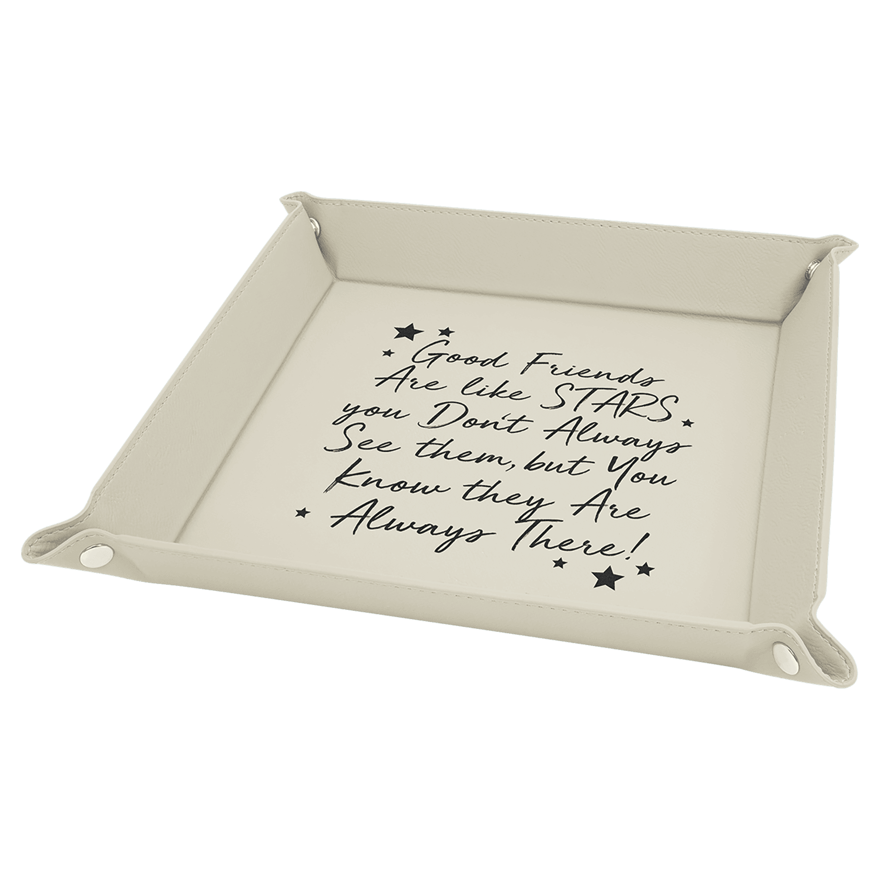 9" x 9" White/Black Laserable Leatherette Snap Up Tray with Snaps