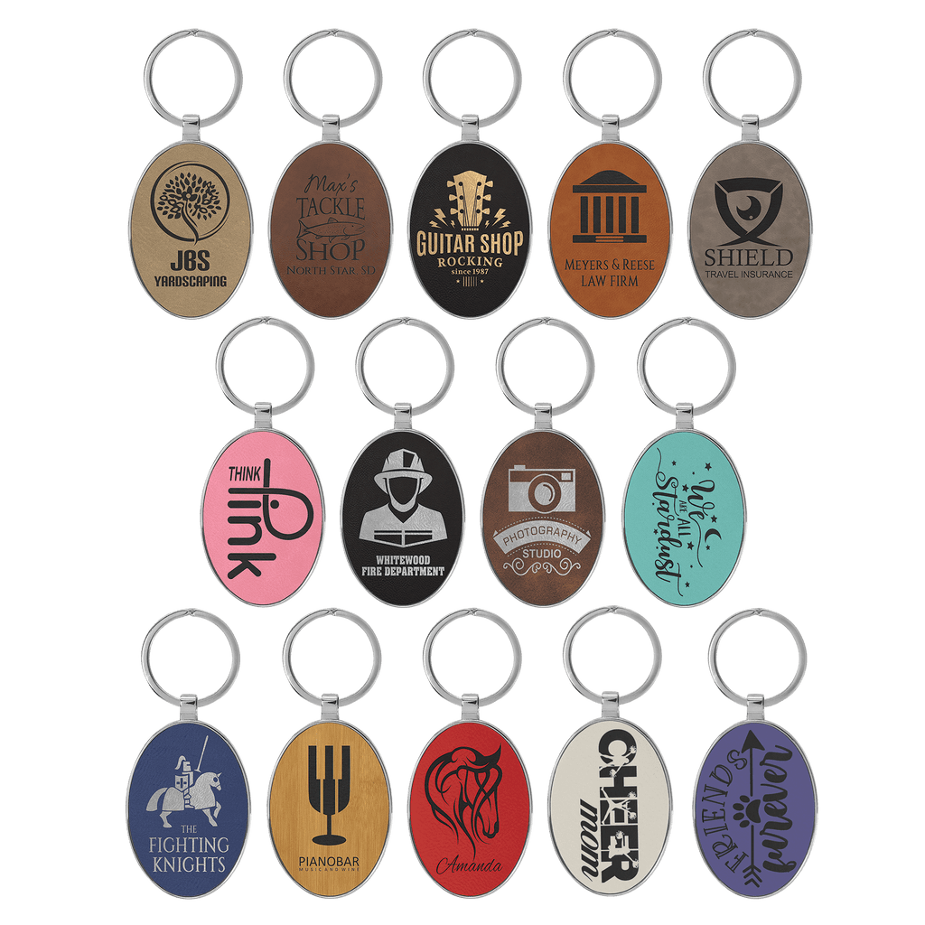 3" x 1 3/4" Laserable Leatherette/Metal Oval Keychain Sample Set