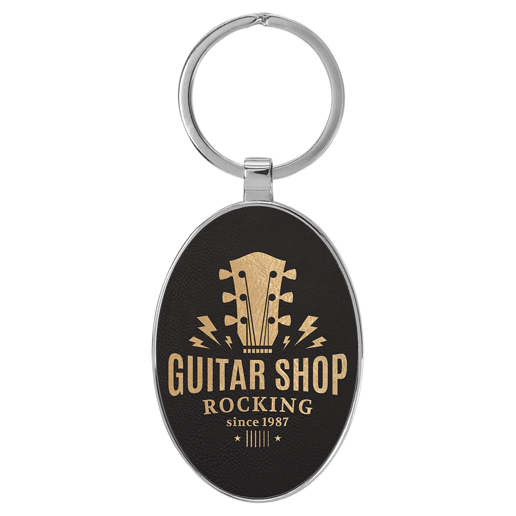 3" x 1 3/4" Laserable Leatherette/Metal/Gold Oval Keychain