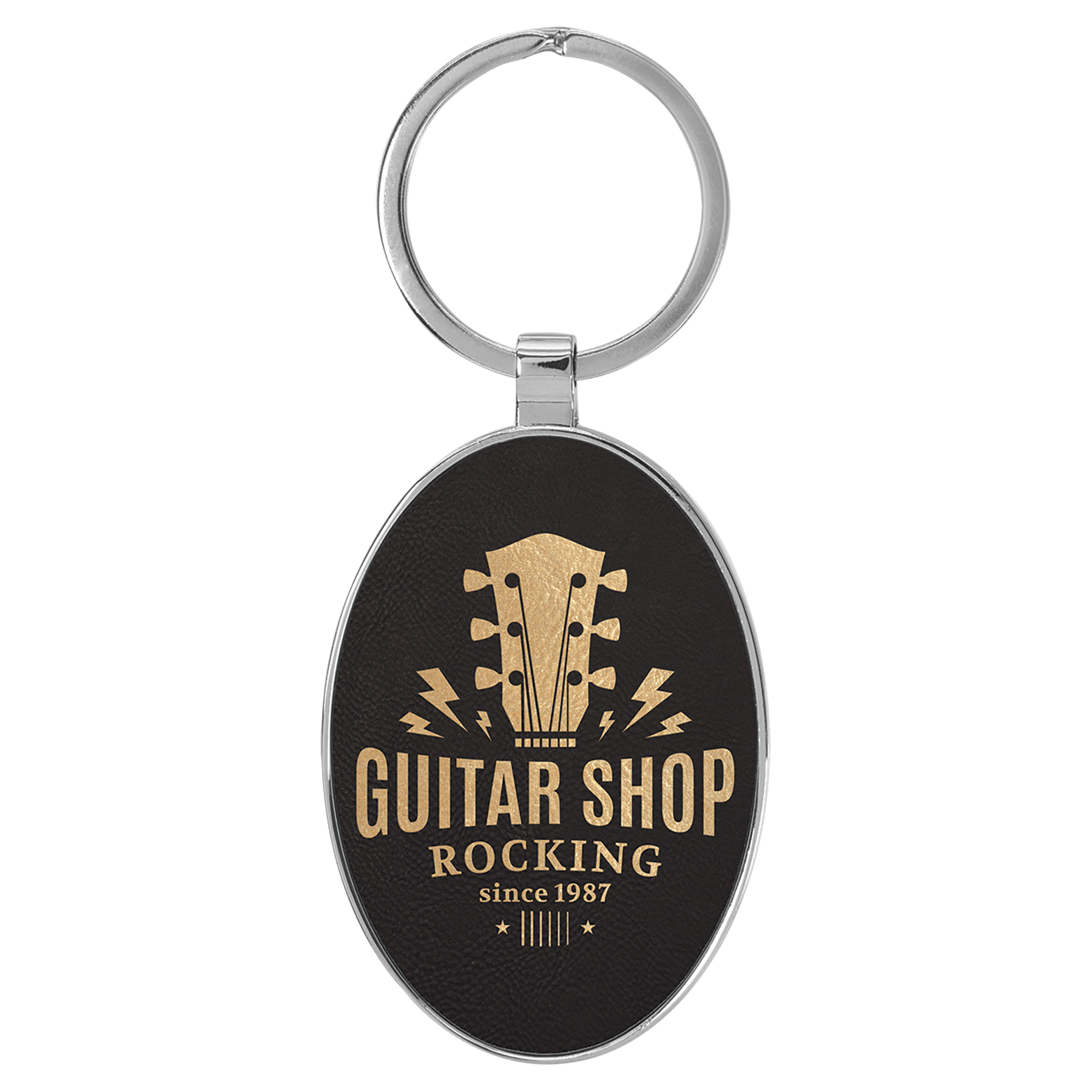 3" x 1 3/4" Laserable Leatherette/Metal/Gold Oval Keychain