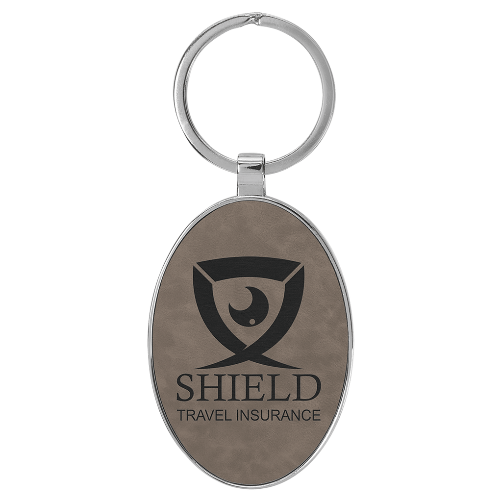 3" x 1 3/4" Laserable Leatherette/Metal Oval Keychain