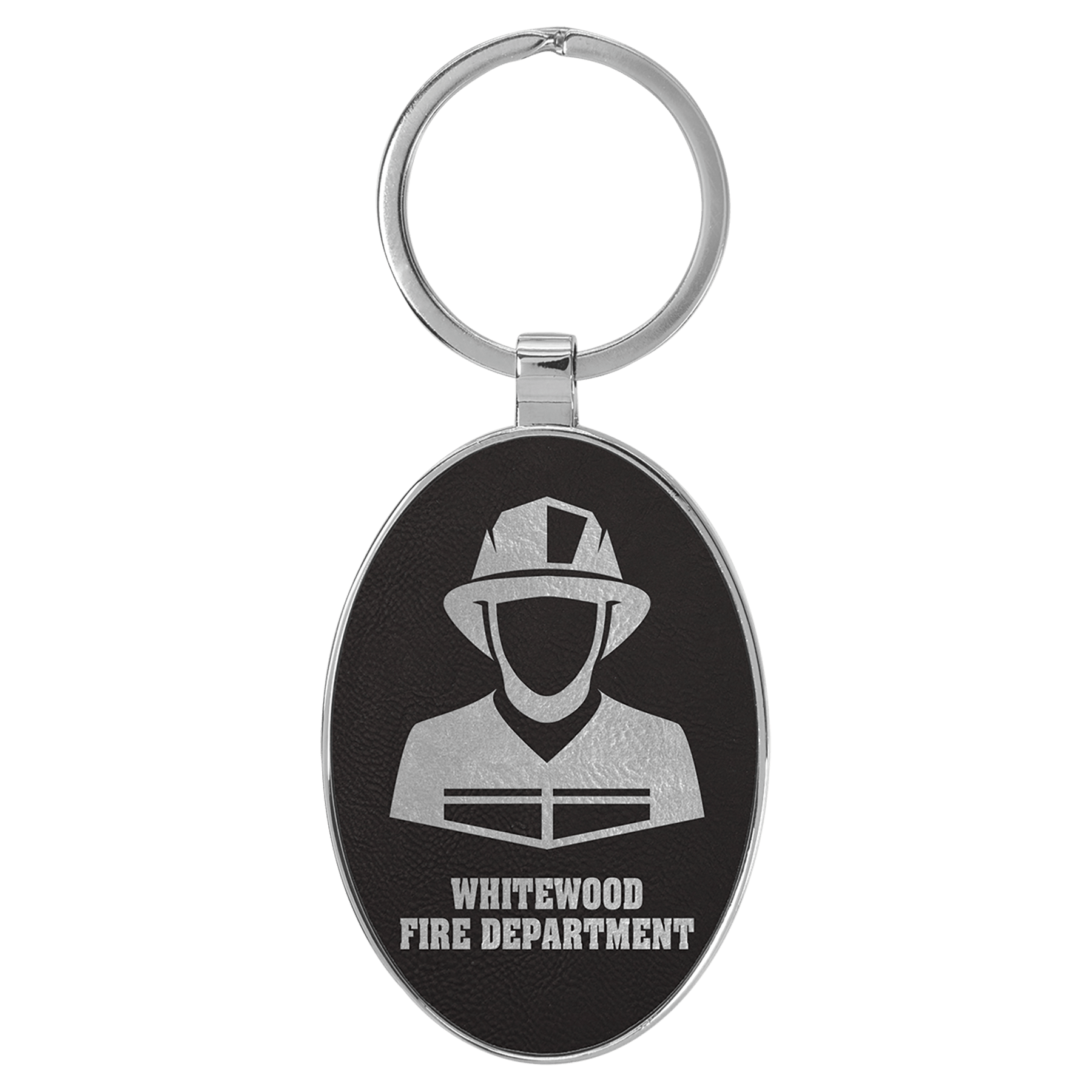 3" x 1 3/4" Laserable Leatherette/Metal/Silver Oval Keychain