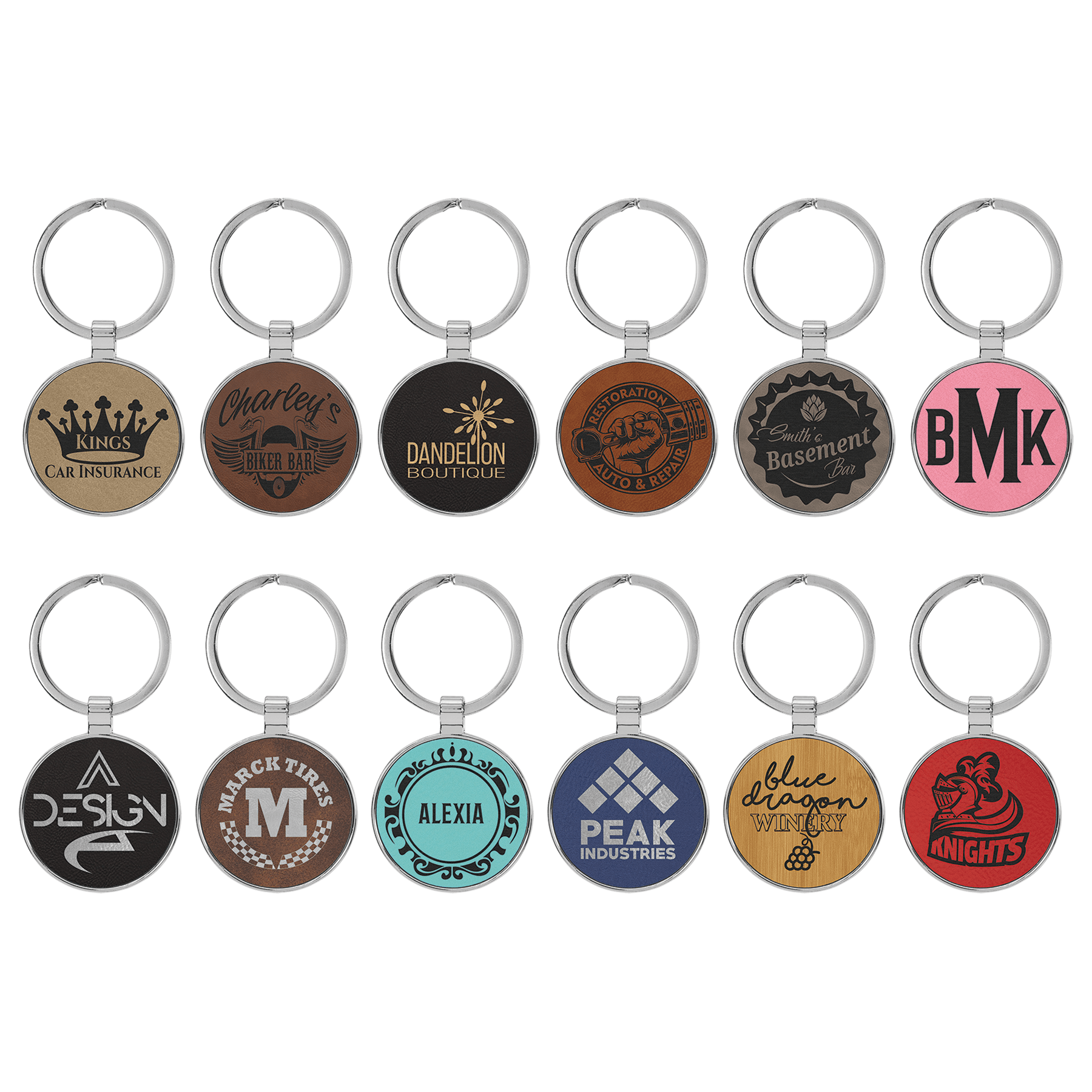 1 1/2" Laserable Leatherette/Metal Round Keychain Sample Set
