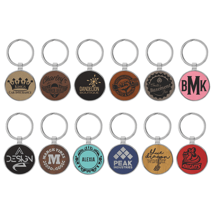 1 1/2" Laserable Leatherette/Metal Round Keychain Sample Set