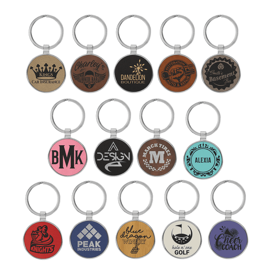 1 1/2" Laserable Leatherette/Metal Round Keychain Sample Set