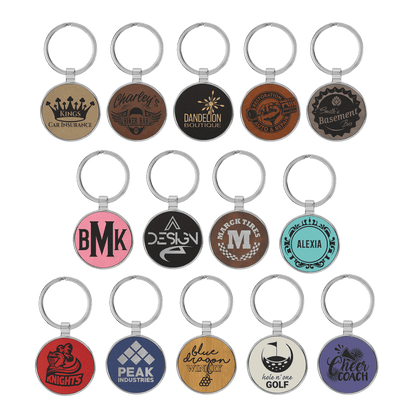 1 1/2" Laserable Leatherette/Metal Round Keychain Sample Set