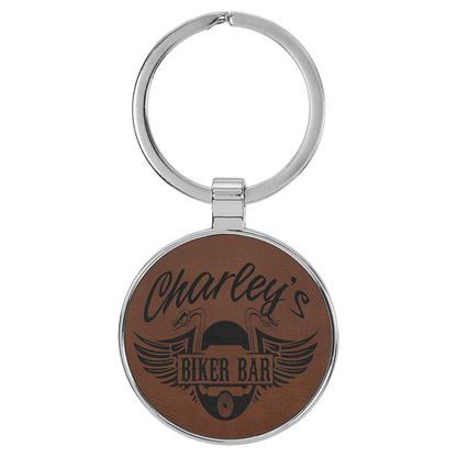 1 1/2" Laserable Leatherette/Metal Dark Round Keychain