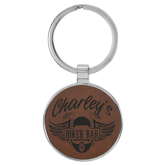 1 1/2" Laserable Leatherette/Metal Dark Round Keychain