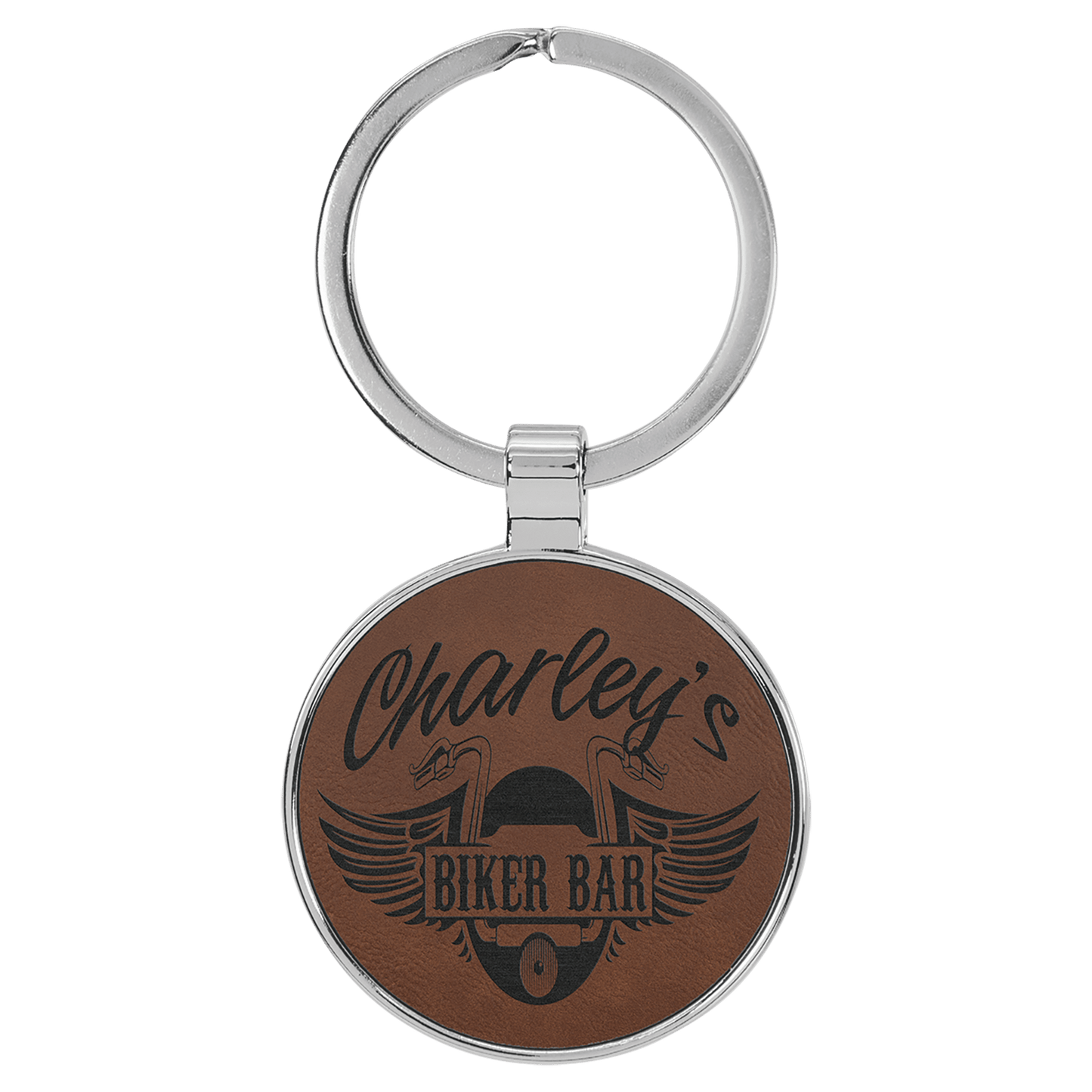1 1/2" Laserable Leatherette/Metal Dark Round Keychain