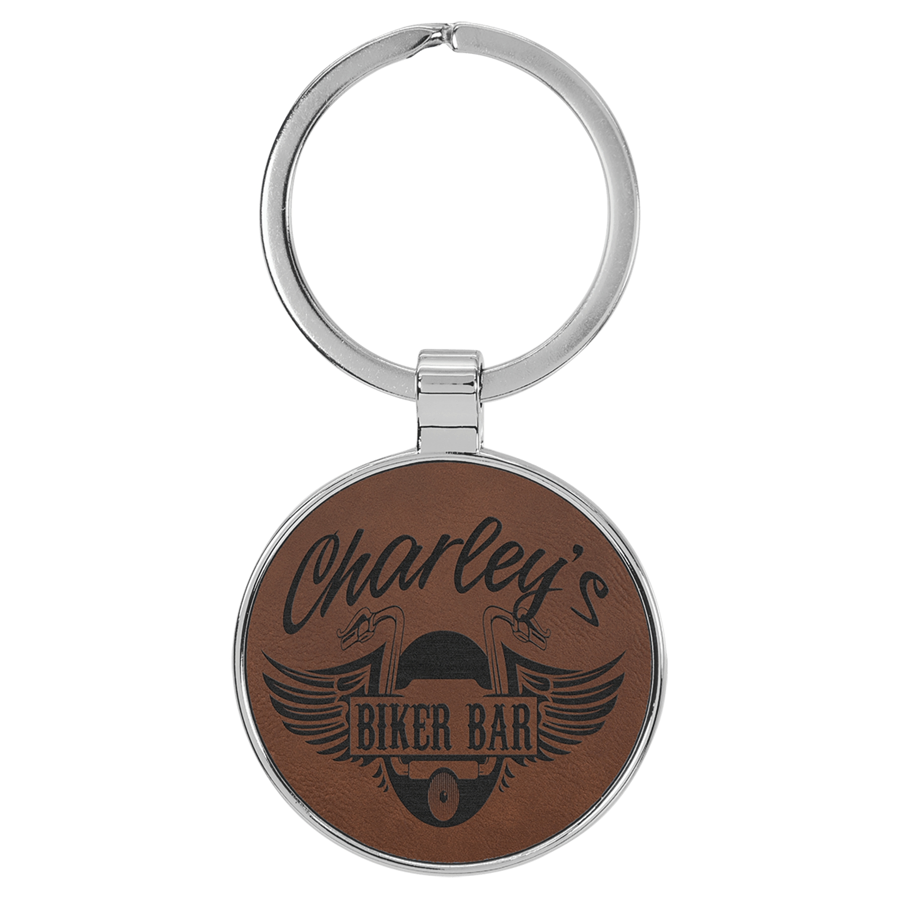 1 1/2" Laserable Leatherette/Metal Dark Round Keychain