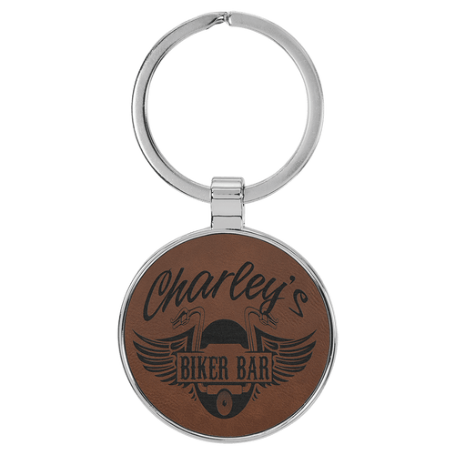 1 1/2" Laserable Leatherette/Metal Dark Round Keychain