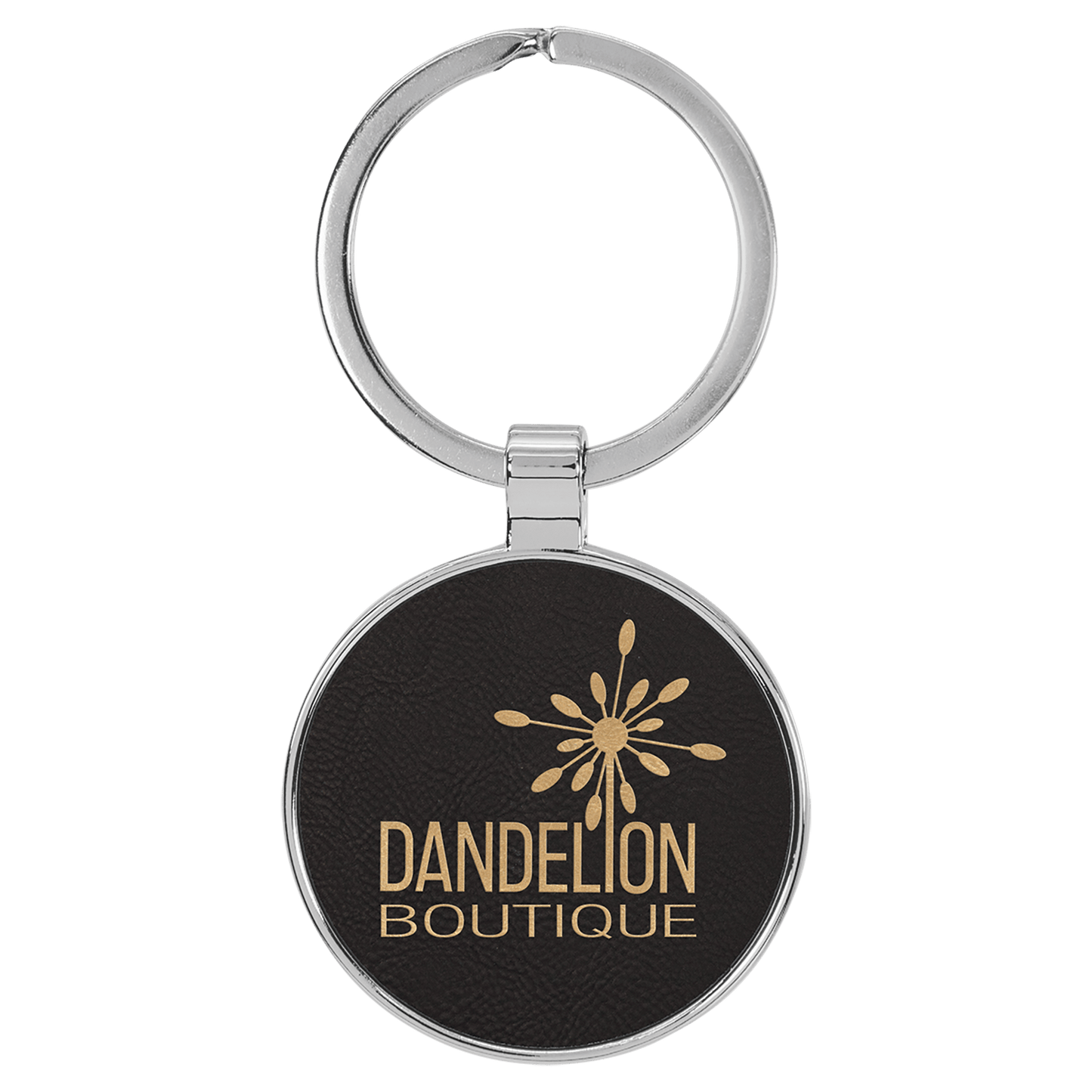 1 1/2" Laserable Leatherette/Metal/Gold Round Keychain