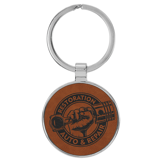 1 1/2" Laserable Leatherette/Metal Rawhide Round Keychain