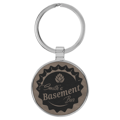 1 1/2" Laserable Leatherette/Metal Round Keychain