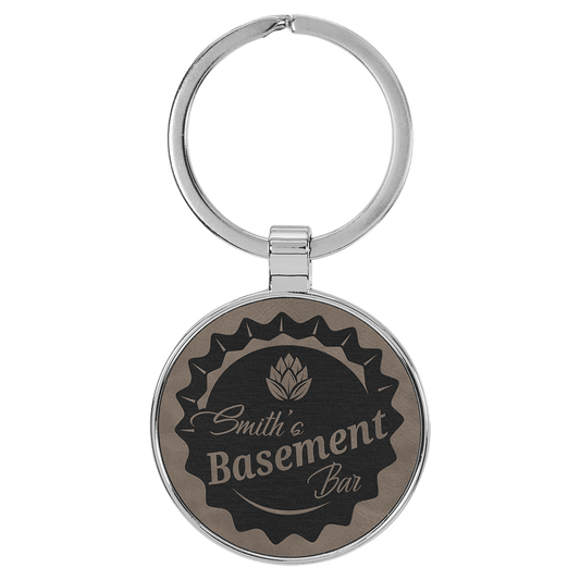 1 1/2" Laserable Leatherette/Metal Round Keychain
