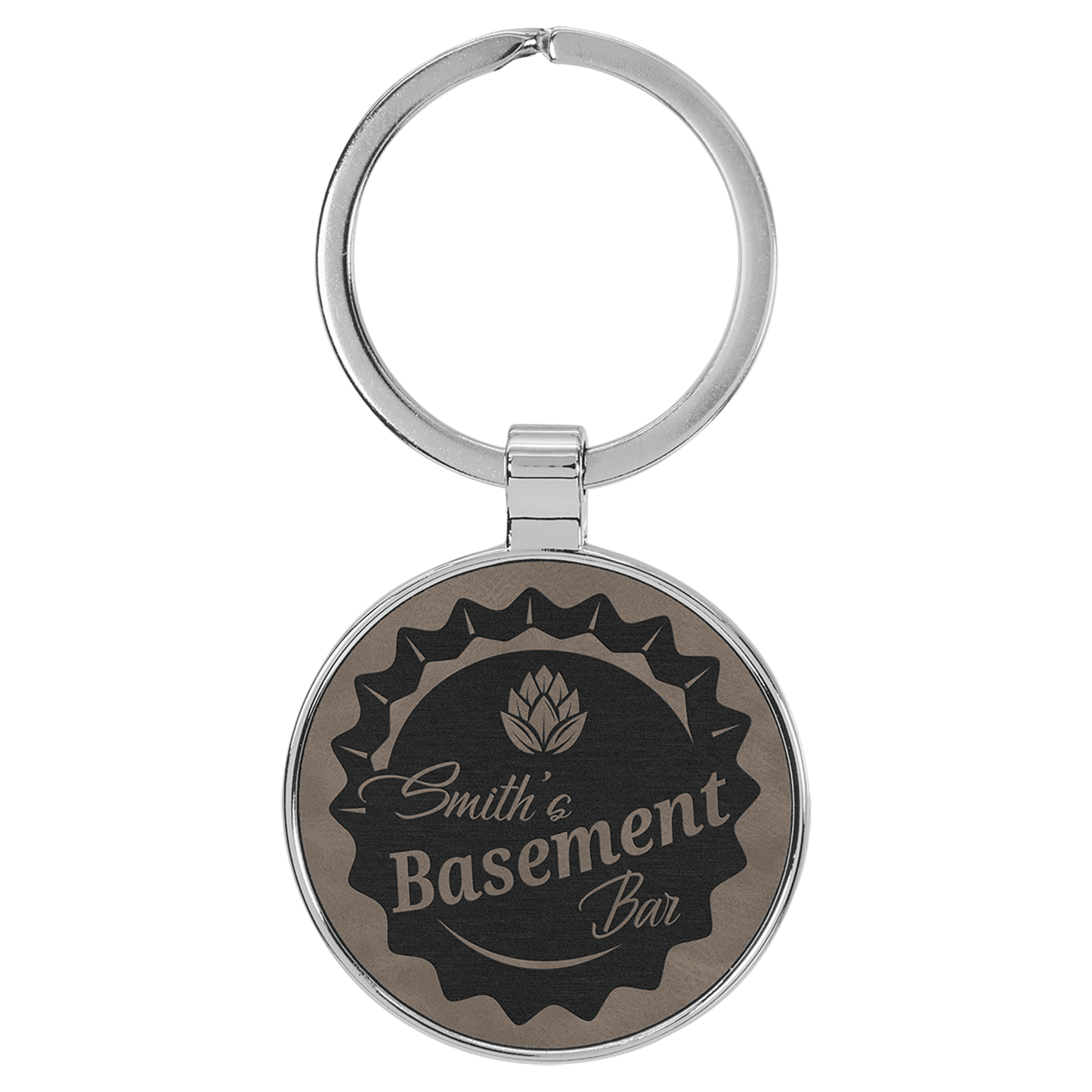 1 1/2" Laserable Leatherette/Metal Round Keychain