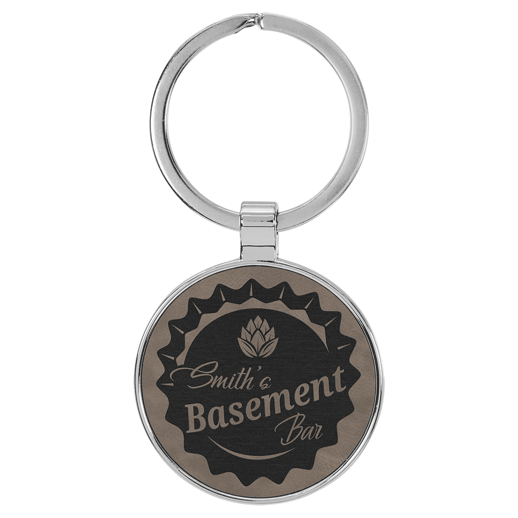 1 1/2" Laserable Leatherette/Metal Round Keychain