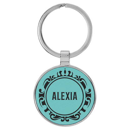 1 1/2" Laserable Leatherette/Metal Round Keychain