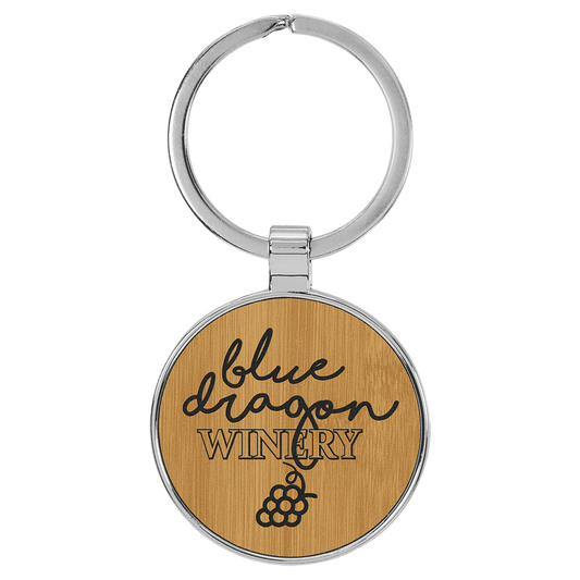 1 1/2" Laserable Leatherette/Metal Bamboo Round Keychain