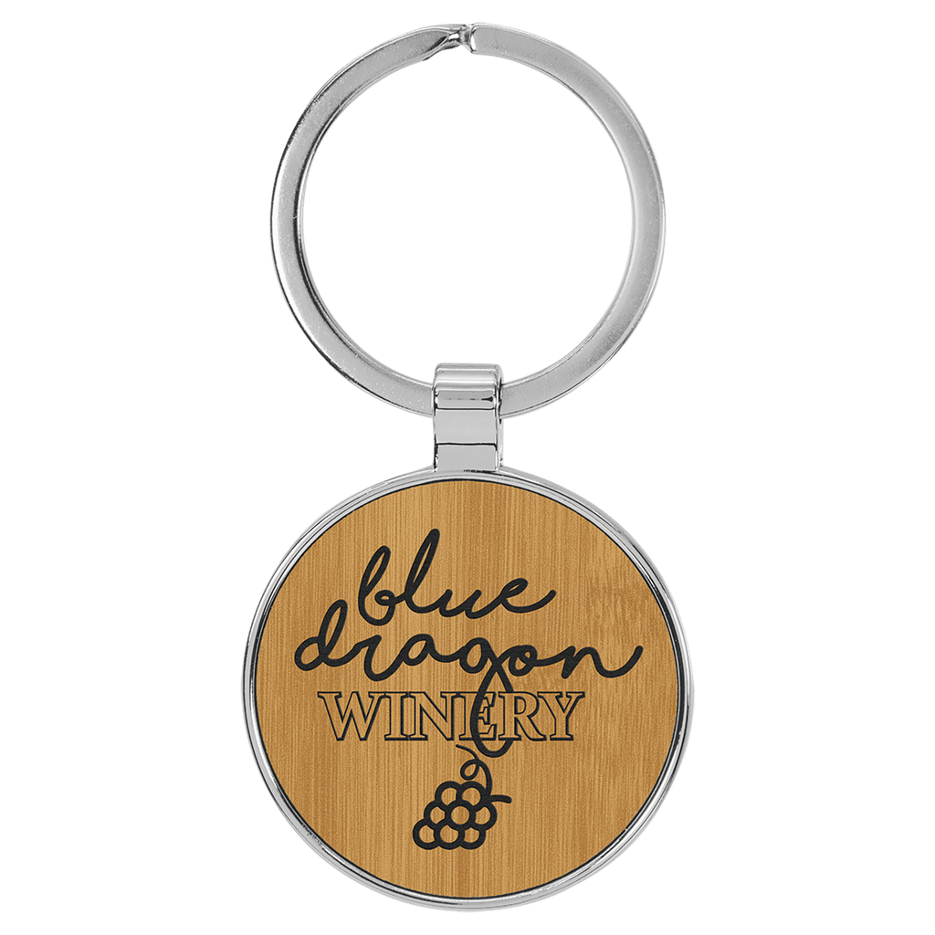 1 1/2" Laserable Leatherette/Metal Bamboo Round Keychain
