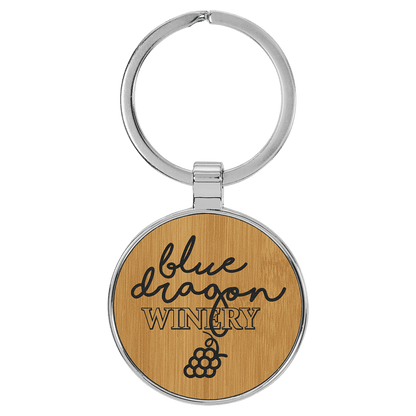 1 1/2" Laserable Leatherette/Metal Bamboo Round Keychain