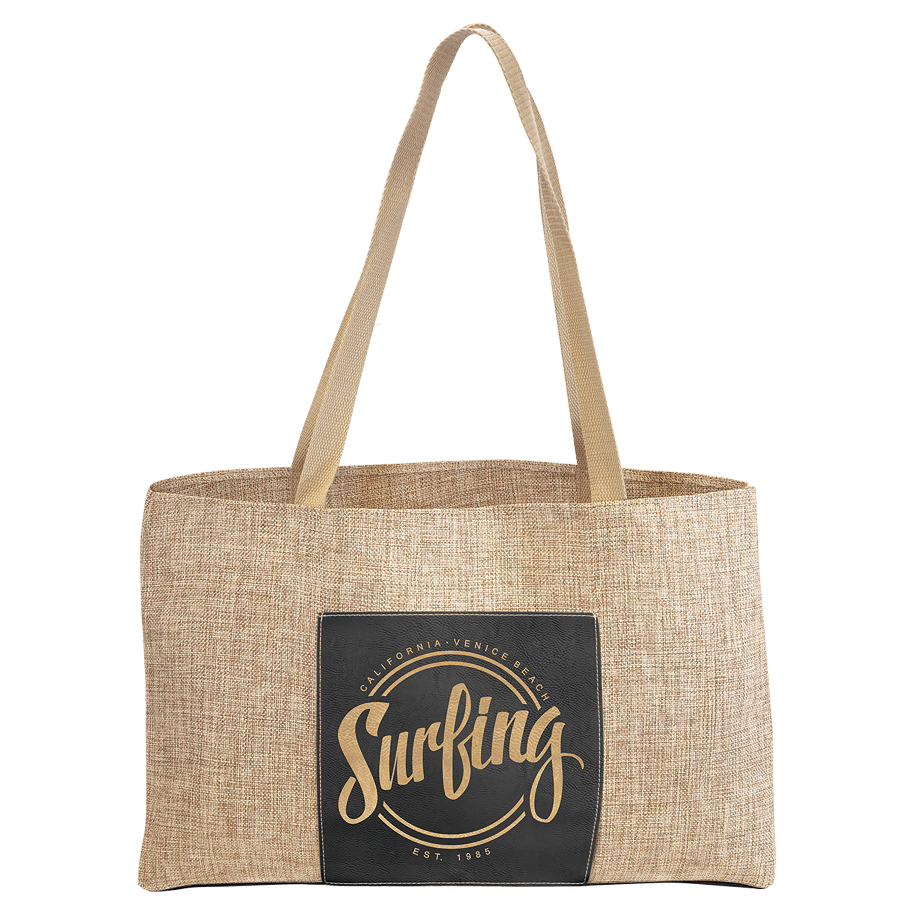 19" x 12" Burlap Bag with 5"/Gold Laserable Leatherette Gusset