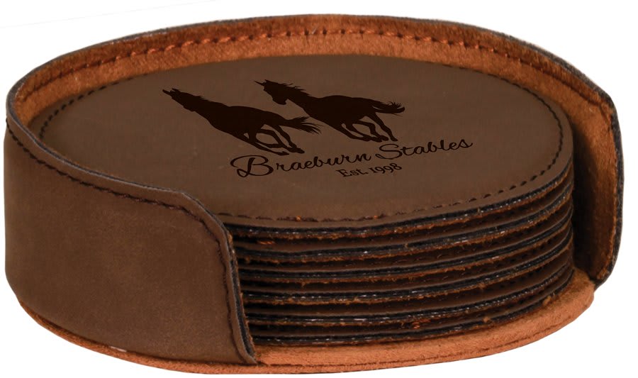 4" Dark Round Laserable Leatherette 6-Coaster Set