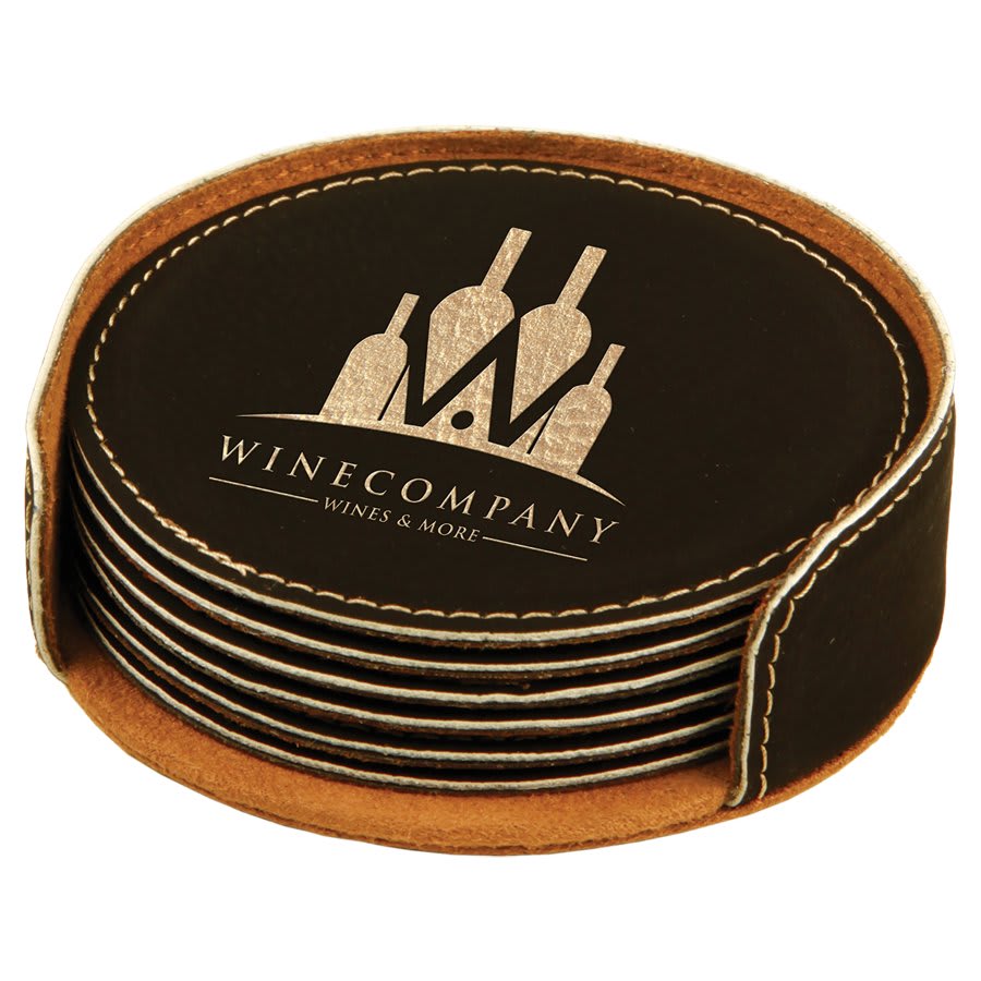 4"/Gold Round Laserable Leatherette 6-Coaster Set