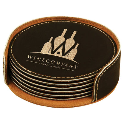 4"/Gold Round Laserable Leatherette 6-Coaster Set