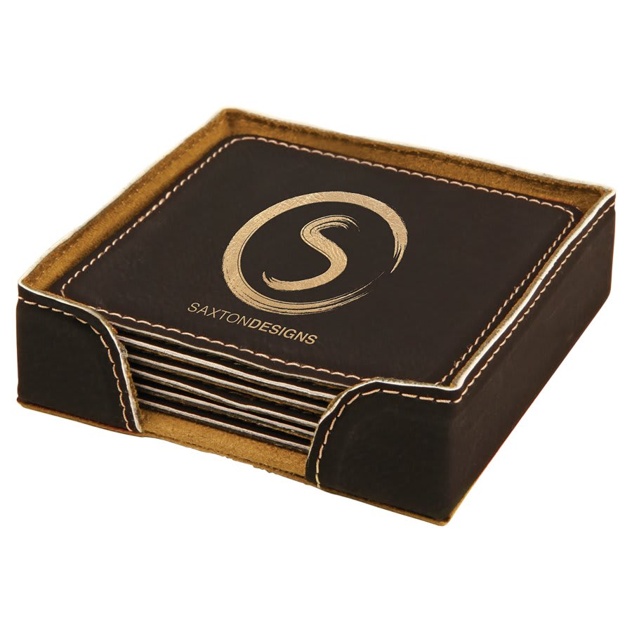 4" x 4"/Gold Square Laserable Leatherette 6-Coaster Set